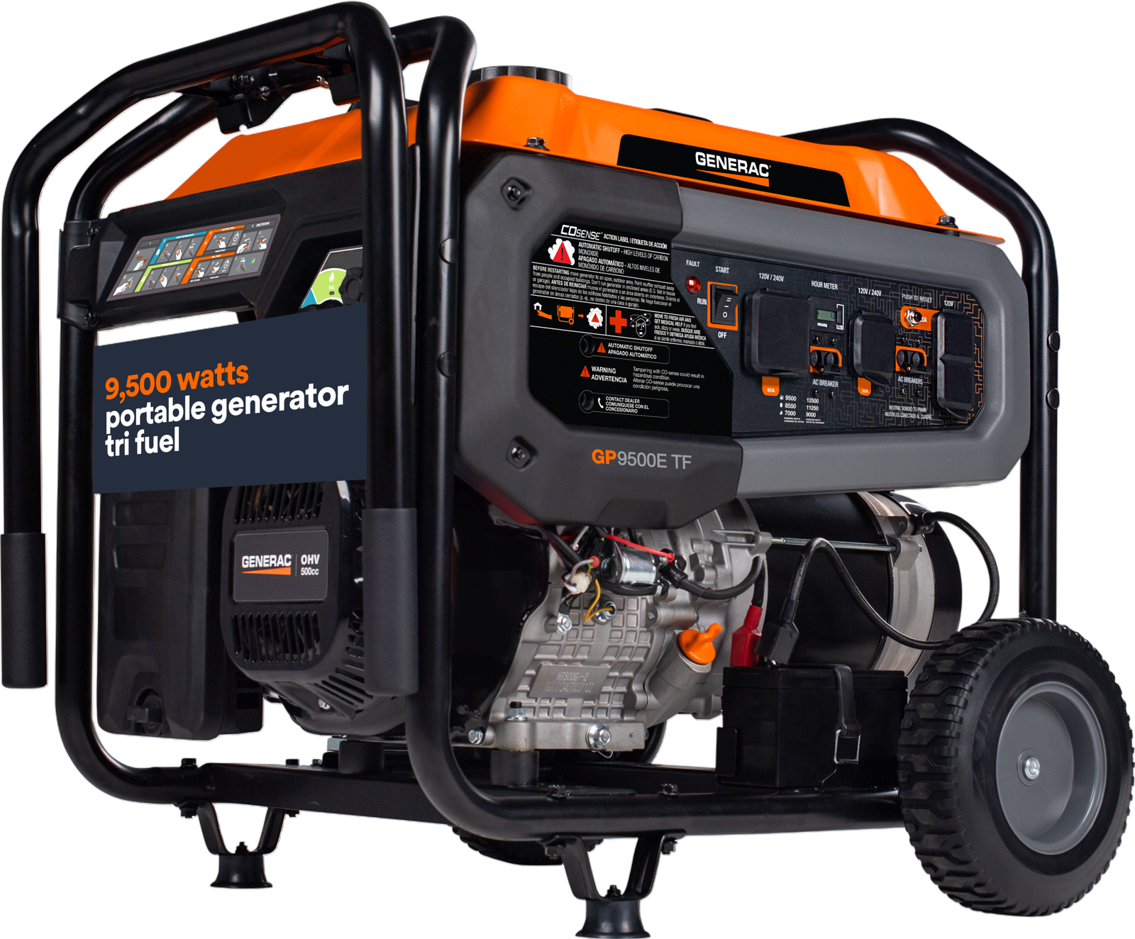 Generac GP9500E TF 8063 9500W/12500W Generator Tri-Fuel Gas Propane Natural Gas 50 Amp COSense Electric Start Open Box