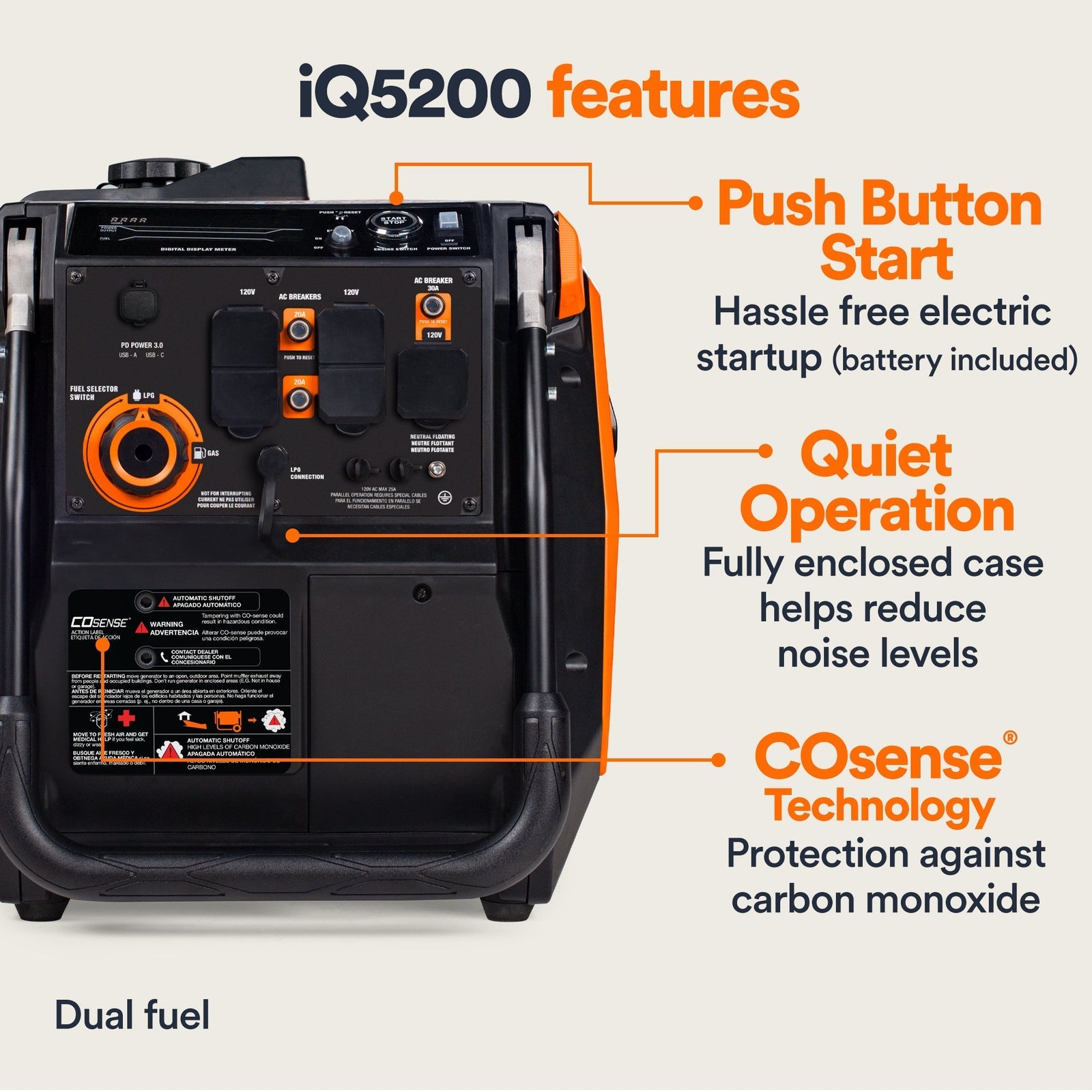 Generac iQ5200 DF 8947 3900W/5200W Generator Dual Fuel Gas Propane Low THD Inverter COSense Electric Start New