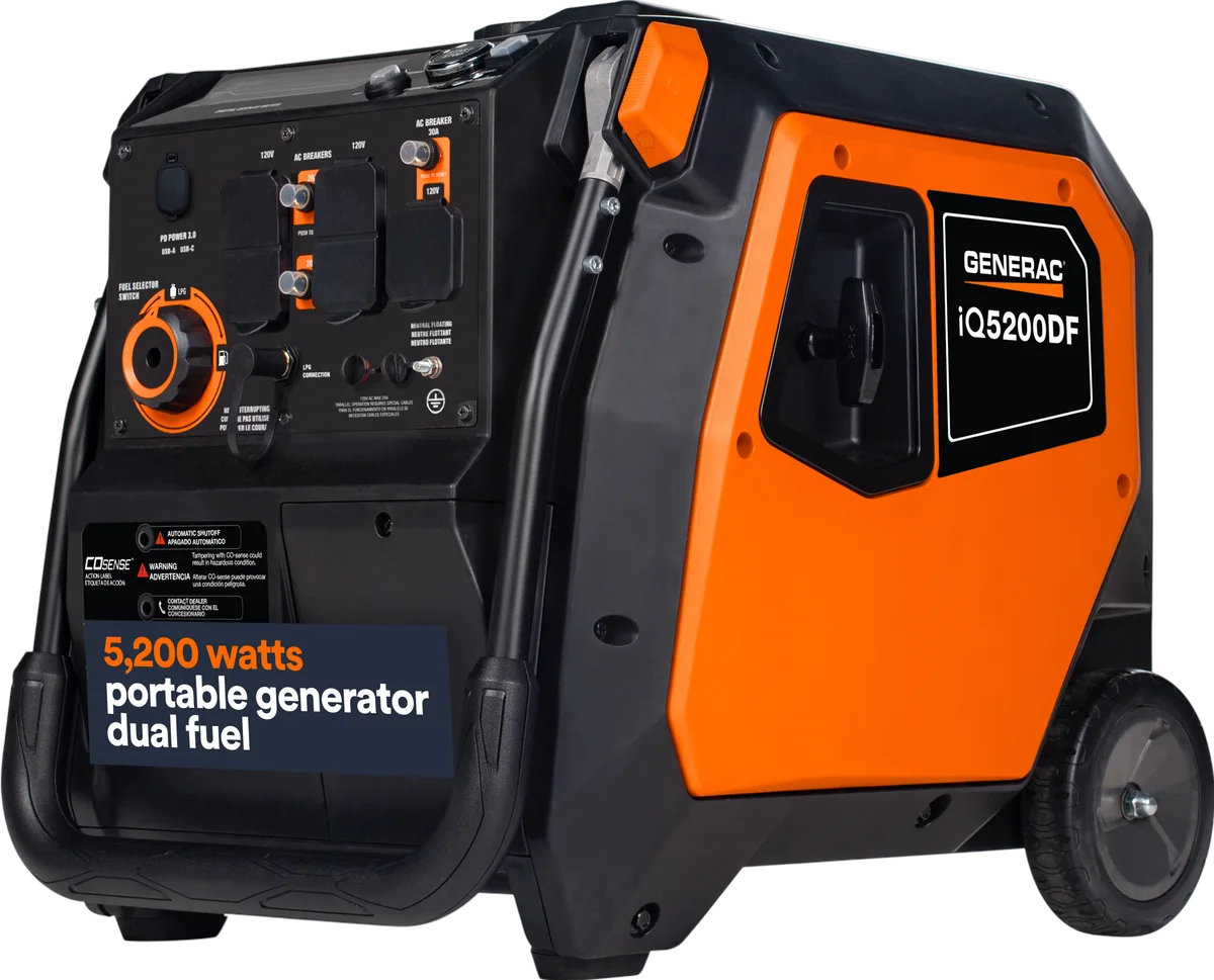 Generac iQ5200 DF 8947 3900W/5200W Generator Dual Fuel Gas Propane Low THD Inverter COSense Electric Start New