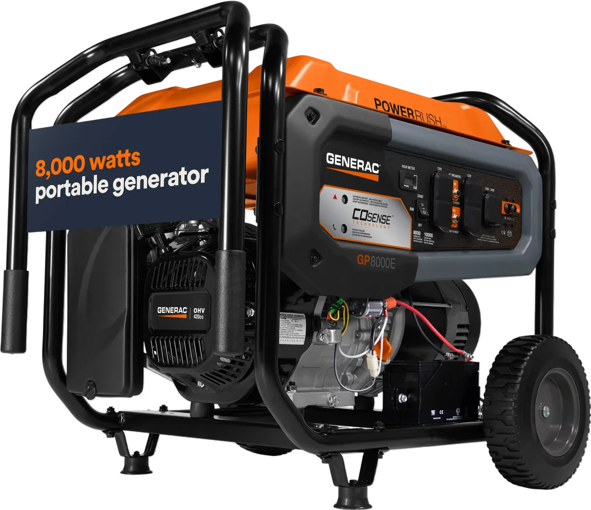 Generac GP8000E 8000W/10,000W Generator Gas PowerRush with CO Sense Electric Start 7715 RFB